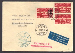 SUISSE 1937 Meeting Zurich/Sion Pour Milan PA N° 17 X2 & 21 Obl. S/Lettre Entiére - First Flight Covers