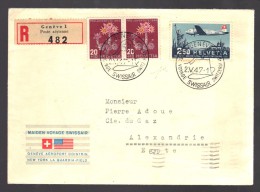 SUISSE 1947 Genéve Washington Pour L'Egypte PA N° 41 + ComplémentaireObl. S/Lettre Entiére Rec. - Eerste Vluchten