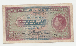 Malta 2 Shillings 6 Pence 1939 AVF RARE Banknote P 11 - Malta