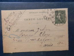 A3116  CARTE LETTRE POUR PARIS  1919 - Kaartbrieven