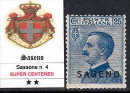 ITALY - SASENO N.4 -  Cat. 400 Euro - CENTRATISSIMO - GOMMA INTEGRA - MNH** - LUXUS POSTFRISCH - Saseno