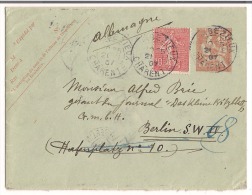 Lettre 1907 Entier Postal 15 Mouchon + Complément 10c Semeuse Bézieux / Berlin - Enveloppes Types Et TSC (avant 1995)