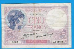 FRANCIA - FRANCE = 5 Francs 1927  P-72 - 5 F 1917-1940 ''Violet''