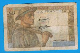 FRANCIA - FRANCE = 10  Francs 1943  P-99 MINERO  Serie G - 10 F 1941-1949 ''Mineur''