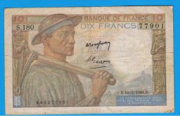 FRANCIA - FRANCE = 10  Francs 1949  P-99 MINERO  Serie S - 10 F 1941-1949 ''Mineur''