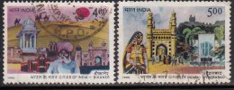 India Used 1990, 2v Historic Cities, Palace, Camel On Sand Dunes, Geography, Charminar Gate, Monument, Costume Of Women - Gebraucht