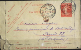 C.L. Avec Correspondance ENTIER POSTAL Type SEMEUSE 1906 Cachet Paris 54 Bd Des Batignolles 1909 - Kaartbrieven
