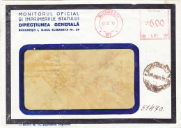 REGISTERED COVER , VERY RARE RED  METTERMARK : 6 LEI , ANTHET : MONITORUL OFICIAL , 1938, ROMANIA - Cartas & Documentos