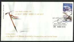INDIA, 2003, FDC,Golden Jubilee Of Ascent Of Mount Everest By Tenzing Norgay / Edmund Hillary, 1st  Day Mumbai Cancelled - Storia Postale