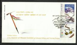 INDIA, 2003, FDC, 50th Jubilee Of Ascent Of Mount Everest By Tenzing/Hillary, Stamp With TAB,1st Day Jabalpur Cancelled. - Cartas & Documentos