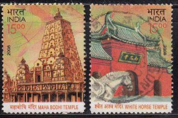 India Used 2008,  Set Of 2, Joint Issue With China, Maha Bodhi Temple Bodh Gaya, White Horse Temple Luoyang City - Oblitérés