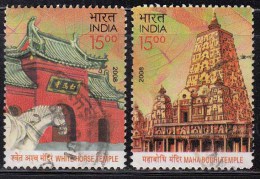 India Used 2008,  Set Of 2, Joint Issue With China, Maha Bodhi Temple Bodh Gaya, White Horse Temple Luoyang City - Oblitérés