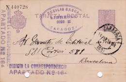 00015 Entero Postal  De Zaragoza A Barcelona 1924 - 1850-1931