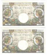 FRANCE 1000 FRANCS 29 JUIN 1944 2 NOTES CONSECUTIVE LOTTO 1053 - 1 000 F 1940-1944 ''Commerce Et Industrie''