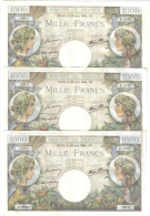 FRANCE 1000 FRANCS 29 JUIN 1944 3 NOTES CONSECUTIVE LOTTO 1058 - 1 000 F 1940-1944 ''Commerce Et Industrie''