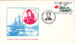 EXPLORATERS,DUMONT D'URVILLE,EXPLORER IN ANTARCTICA,1992,SPECIAL COVER,ROMANIA. - Explorers