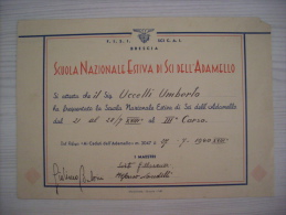 Diploma/attestato SCUOLA NAZIONALE ESTIVA Di SCI Dell'ADAMELLO - Brescia 1940 - Diploma's En Schoolrapporten