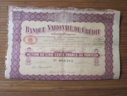 Paris Ier Octobre 1923 Banque Nationale De Crédit TITRE-ACTION 500 Fr. Au Porteur LYON - Banco & Caja De Ahorros