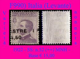 Italia-F00990 (1922 - Sassone: N.52 (++) MNH - Varietà Di Soprastampa) - European And Asian Offices