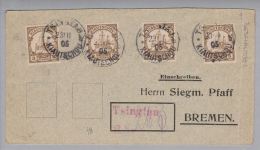 DR Kiautschou 1905-11-23 Tsingtau R-Brief Mit 4x3Rp. Nach Bremen Oben Stark Beschnitten - Kiautchou