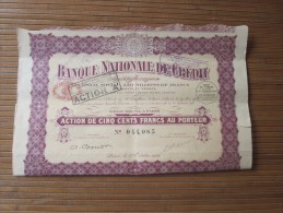 Paris Ier Octobre 1923 Banque Nationale De Crédit TITRE-ACTION 500 Fr. Au Porteur LYON - Banco & Caja De Ahorros