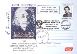 THE EINSTEIN YEAR, EINSTEIN`S MIRACULOUS YEAR, E=MC2, 2005, COVER STATIONERY, UNUSED, ROMANIA - Albert Einstein