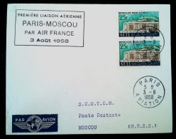 Premier Vol PARIS MOSCOU Air France 1958 First Flight Paire 25F Sète Obl Paris Aviation - First Flight Covers
