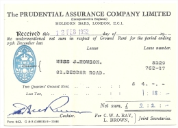 Zahlungsquittung  "Prudential Assurance Co.Ltd., Holborn Bars, London"              1952 - Briefe U. Dokumente