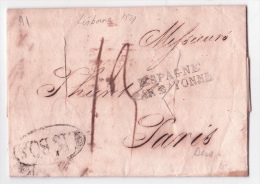 Lettre Oval LISBOA  1821 + Entailles De Désinfection + ESPAGNE/PARBAYONNE Pour Paris - ...-1853 Vorphilatelie