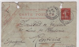 00417 Entero Postal De Francia A España- Renteria-Guipuzcoa 1912 - Sonstige & Ohne Zuordnung
