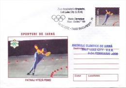 WINTER SPORTS, SKATING SPEED WOMEN, OPENING DAY OF THE OLYMPIAD,SALT LAKE CITY , 2002, COVER STATIONERY, ROMANIA - Invierno 2002: Salt Lake City