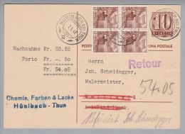 Heimat BE Hunibach Bei Thun 1942-01-07 NN-Ganzsache 50Rp.Porto Fr. 54.05 Nach Hettiswil Refüsiert - Lettres & Documents