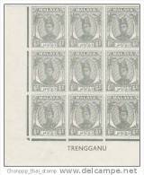 Malaya -Trengganu 1949 Sultan Ismail 6c Grey Imprint Block Of 9 MNH - Malaysia (1964-...)