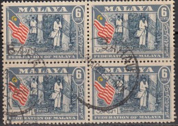 Malaysia Used 1957, Block Of 4, Tappinng Rubber From Tree, Flag, - Federation Of Malaya