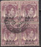 BMA,, 10c Block Of 4, King George VI Used 1945, Malaya / Malaysia - Malaya (British Military Administration)