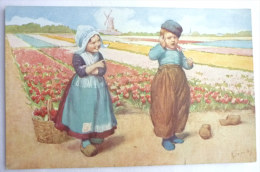 CPA HUMORISTIQUE -  ILLUSTRATEUR KARL FEIERTAG - COUPLE D'ENFANTS DANS UN CHAMPS DE TULIPE - Feiertag, Karl