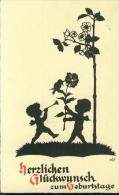 Scherenschnitt Geburtstag Birthday Kinder Blumen Flower Vogel Bird Ost 10.7.1935 - Silhouette - Scissor-type