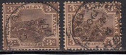 Federated Malay States Used 1900, 3c X 2 Diff., Shades, Wmk Crown CA, Tiger, Malaysia, Malaya - Federated Malay States