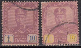 Johore  Used 1922, 10c X 2 Diff. Shades / Colour, Wmk Script CA, Malaya, Malaysia - Johore
