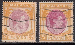 Penang Used 1949, 25c X 2 Diff., Shade / Colour Variety Diffinitive Of King George VI, - Penang