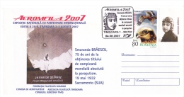 PARACHUTTING,SMARANDA BRAESCU - FIRST ROMANIAN PARACHUTIST, INTERPOSTAL STATIONERY COVER,2007,ROMANIA - Parachutespringen