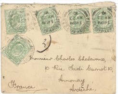 Enveloppe Cover 1910 Finsbury Park --> Annonay Ardèche, Affr. 2 P 1/2  Avec 5 Timbres 1/2 Penny YT 106 Roi Edouard VI - Brieven En Documenten
