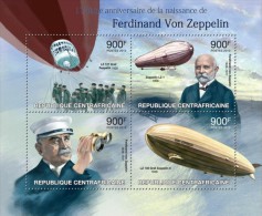Central African Republic. 2013 Ferdinand Von Zeppelin. Sheet Of 4v + Bl (216) - Zeppelins