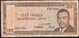 BURUNDI    P23a   100  FRANCS   1.10.1968    FINE One Small Tear ,2 P.h. - Burundi