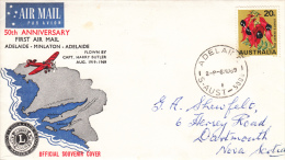 Australia Official Souvenir Cover 50th Anniversary First Air Mail Adelaide-Minlaton Franked - 20c Stuart's Desert Rose - Storia Postale