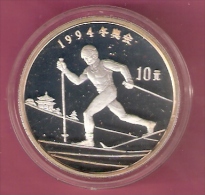 CHINA 10 YUAN 1992 AG PROOF OLYMPICS SKIER CROSS COUNTRY LILLEHAMMER 1994 - Otros – Asia