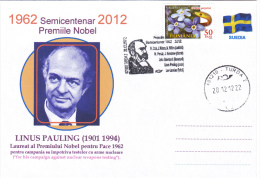 NOBEL PEACE PRIZE,LINUS PAULING - SUEDE,FOR HIS CAMPAIGN AGAINST NUCLEAR WREAPONS TESTING,SPECIAL COVER 2012 ROMANIA. - Atomo