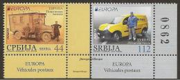 SERBIA / SRBIJA / SERBIEN - EUROPA 2013 -TEMA ANUAL " POSTAL VEHICLE"-  SERIE De  2 V - ESQUINA INFERIOR DERECHA+ NÚMERO - 2013