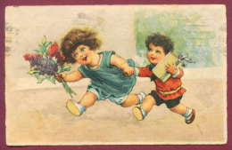 131502 / Illustrator - 1932 Girl With Bouquet Flowers Boy Running For HOLIDAY GIFT - L&P 2302 / III USED SOFIA Bulga - Dessins D'enfants