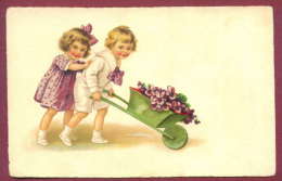 131509 / Illustrator - 1934 Boy And Girl Push A Cart With Colorful VIOLETE - L&B 16775 - Dessins D'enfants